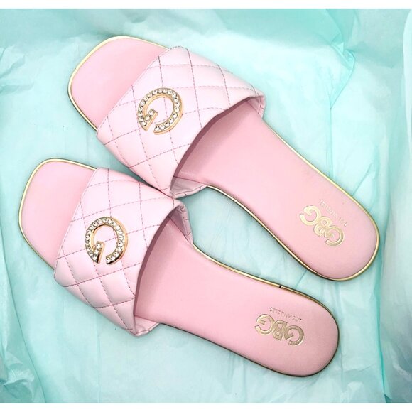 GBG Los Angeles Shoes - GBG Los Angeles Pink Quilted Slides With Rhinestone G Logo Size 9M